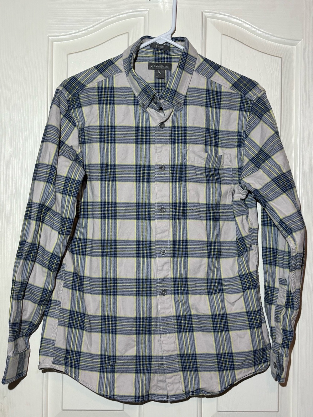 Classic Fit Eddie Bauer Blue, Lime, and Gray Plaid Button-Down Shirt